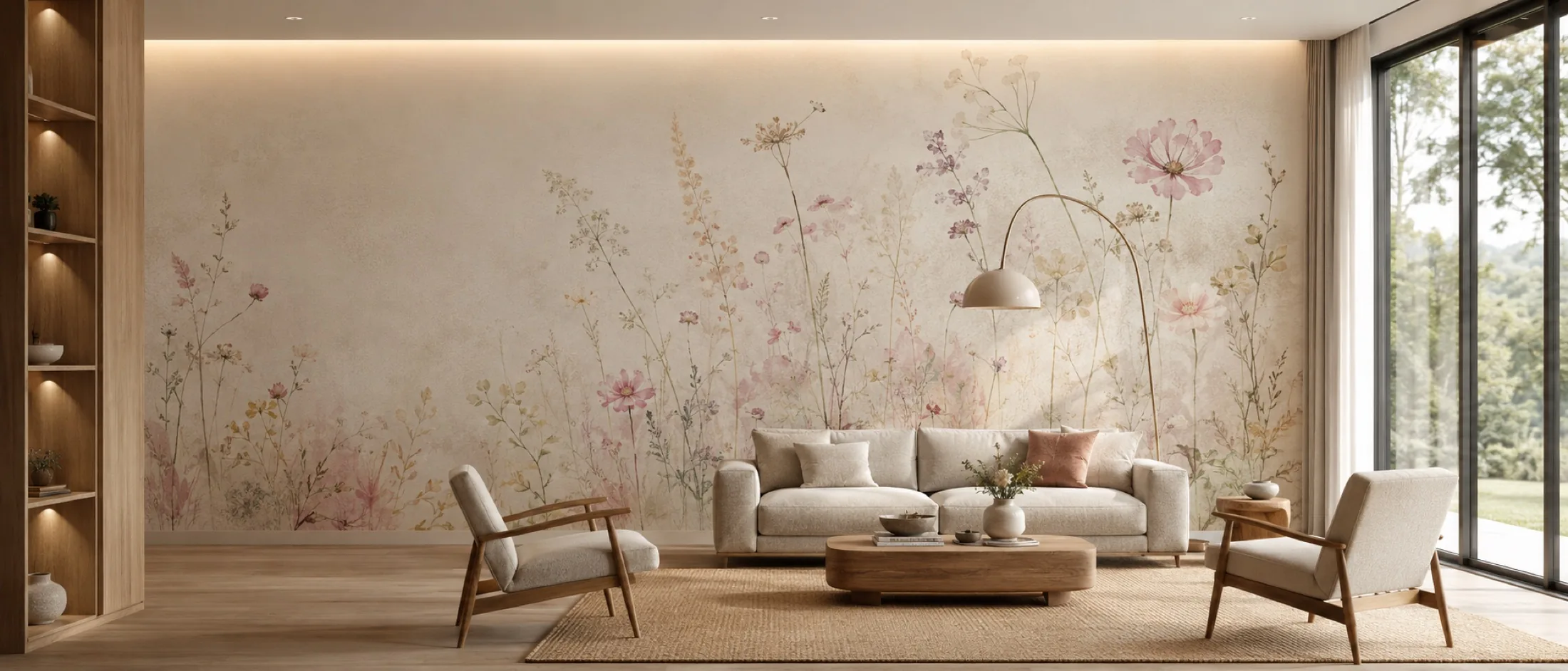 Atmospheric interior with patterned wallpaper