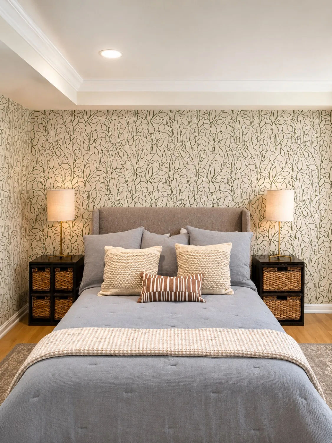 Residential interior with patterned wallpaper